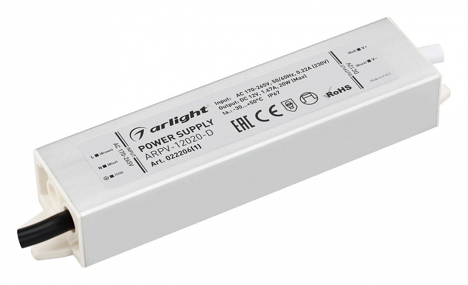 Блок питания ARPV-12020-D (12V, 1.7A, 20W) (Arlight, IP67 Металл, 3 года)