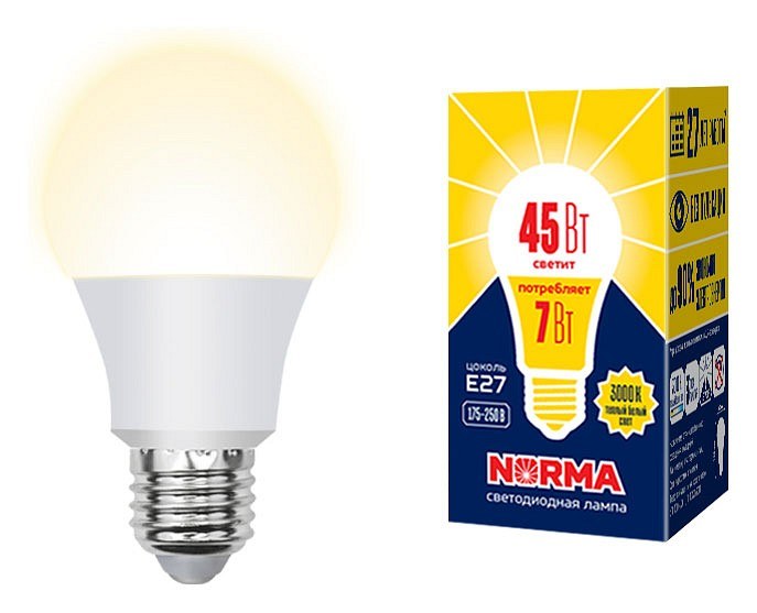 LED-A60-7W/3000K/E27/FR/NR Лампа светодиодная. Форма A, матовая. Серия Norma. Теплый белый свет (3000K). Картон. ТМ Volpe