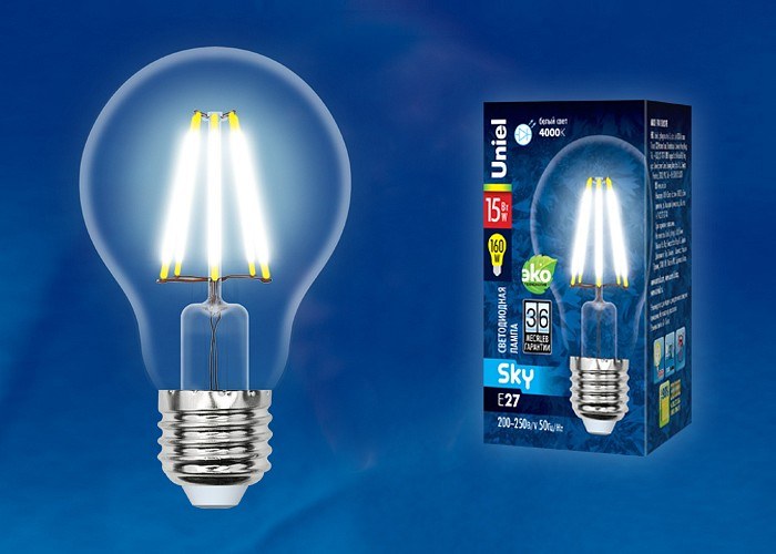 LED-A70-15W/4000K/E27/CL PLS02WH Лампа светодиодная. Форма A, прозрачная. Серия Sky. Белый свет (4000K). Картон. ТМ Uniel.