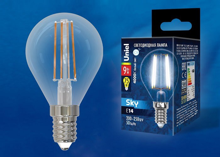 LED-G45-9W/4000K/E14/CL PLS02WH Лампа светодиодная. Форма шар, прозрачная. Серия Sky. Белый свет (4000К). Картон. ТМ Uniel.