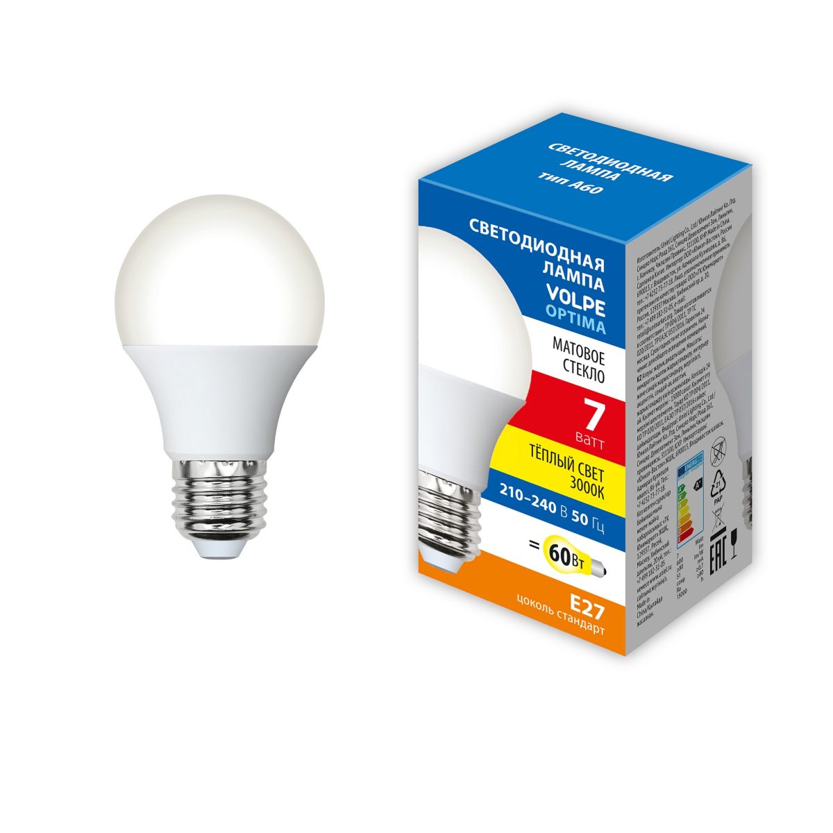 LED-A60-7W/3000K/E27/FR/SLS Лампа светодиодная. Форма A, матовая. Теплый белый свет (3000K). ТМ Volpe
