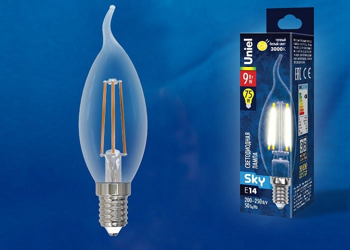 LED-CW35-9W/3000K/E14/CL PLS02WH Лампа светодиодная. Форма свеча на ветру, прозрачная. Серия Sky. Теплый белый свет (3000К). Картон. ТМ