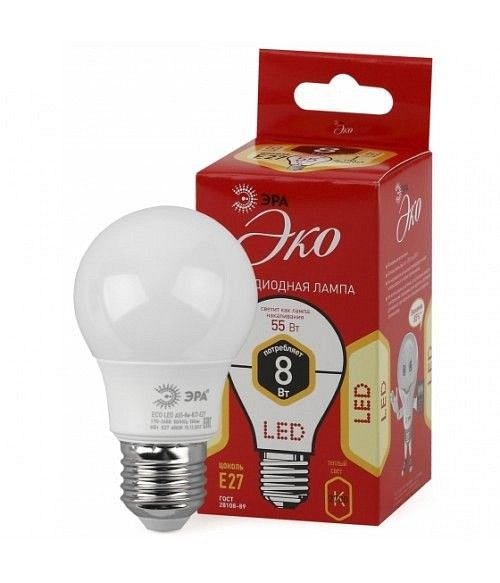 Модель ECO LED A55-8W-827-E27 Лампы СВЕТОДИОДНЫЕ ЭКО ECO LED A55-8W-827-E27 ЭРА (диод, груша, 8Вт, тепл, E27)