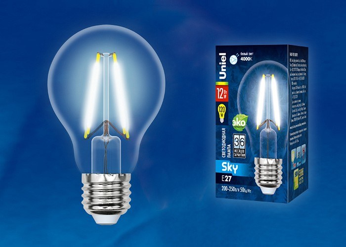 LED-A60-12W/4000K/E27/CL PLS02WH Лампа светодиодная. Форма A, прозрачная. Серия Sky. Белый свет (4000K). Картон. ТМ Uniel.