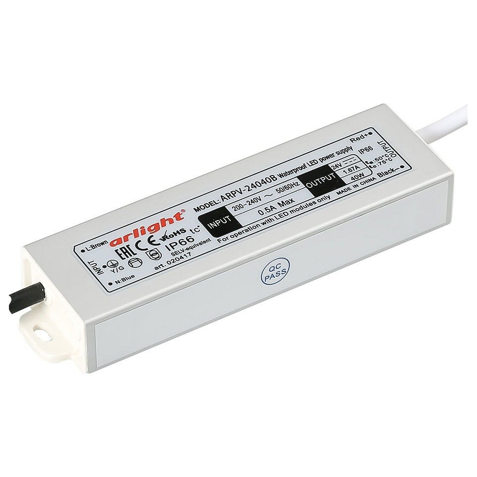 Блок питания ARPV-24040-B (24V, 1.7A, 40W) (Arlight, IP67 Металл, 3 года)