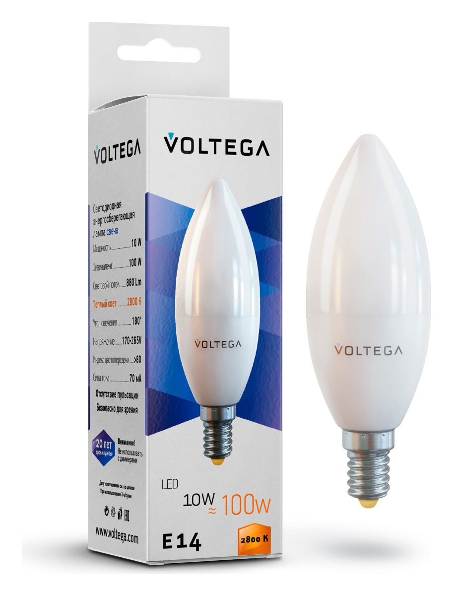 Лампа светодиодная Voltega свеча (Candle) 10Вт E14 10Вт 2800K 7064