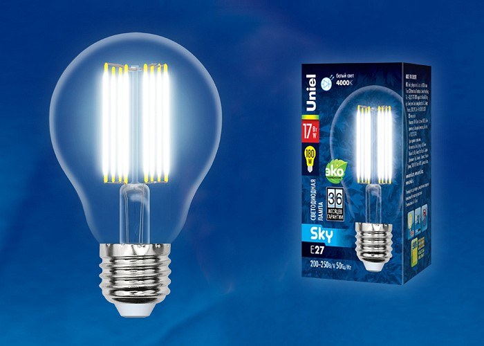 LED-A70-17W/4000K/E27/CL PLS02WH Лампа светодиодная. Форма A, прозрачная. Серия Sky. Белый свет (4000K). Картон. ТМ Uniel.