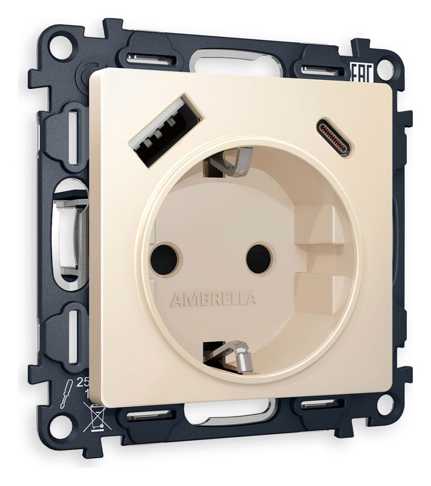 Розетка с заземлением и 2хUSB type A и C, без рамки Ambrella Volt ALFA MA330010