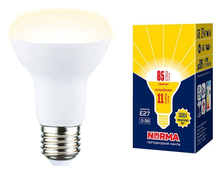 LED-R63-11W/3000K/E27/FR/NR Лампа светодиодная. Форма Рефлектор, матовая. Серия Norma. Теплый белый свет (3000K). Картон. ТМ Volpe