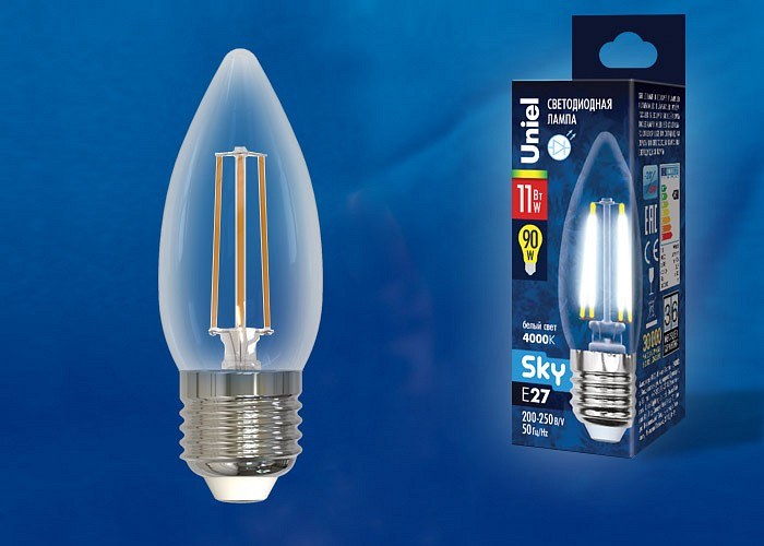 LED-C35-11W/4000K/E27/CL PLS02WH Лампа светодиодная. Форма свеча, прозрачная. Серия Sky. Белый свет (4000К). Картон. ТМ Uniel.