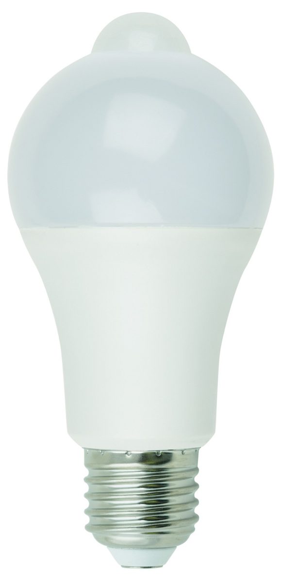 LED-A60-12W/4000K/E27/PS+MS PLS10WH Лампа светодиодная с датчиком освещенности и датчиком движения. Форма A, матовая. Белый свет (4000