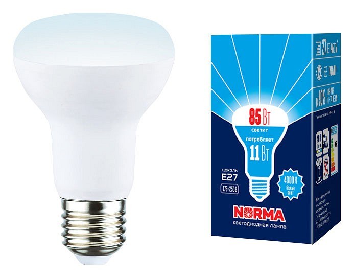 LED-R63-11W/4000K/E27/FR/NR Лампа светодиодная. Форма Рефлектор, матовая. Серия Norma. Белый свет (4000K). Картон. ТМ Volpe