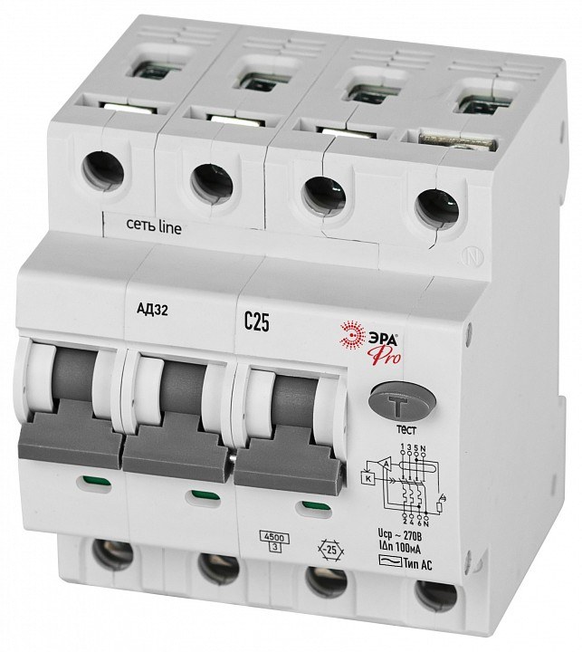 Дифференциальный автоматический выключатель электронный 3P+N Эра АД-32 D32E4C25АC100P