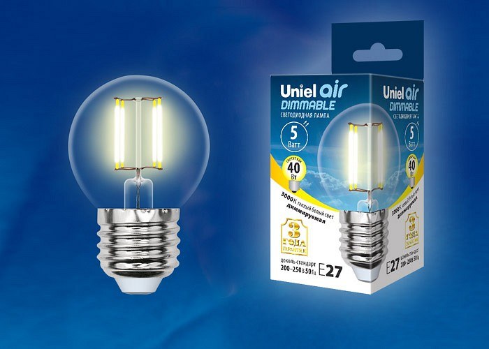 LED-G45-5W/WW/E27/CL/DIM GLA01TR Лампа светодиодная диммируемая. Форма шар, прозрачная. Серия Air. Теплый белый свет (3000K). Картон. Т