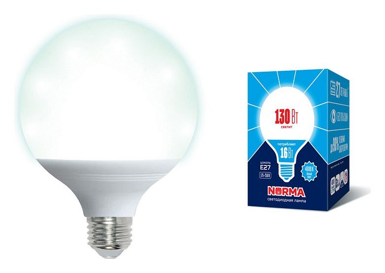 LED-G95-16W/4000K/E27/FR/NR Лампа светодиодная. Форма шар, матовая. Серия Norma. Белый свет (4000K). Картон. ТМ Volpe.