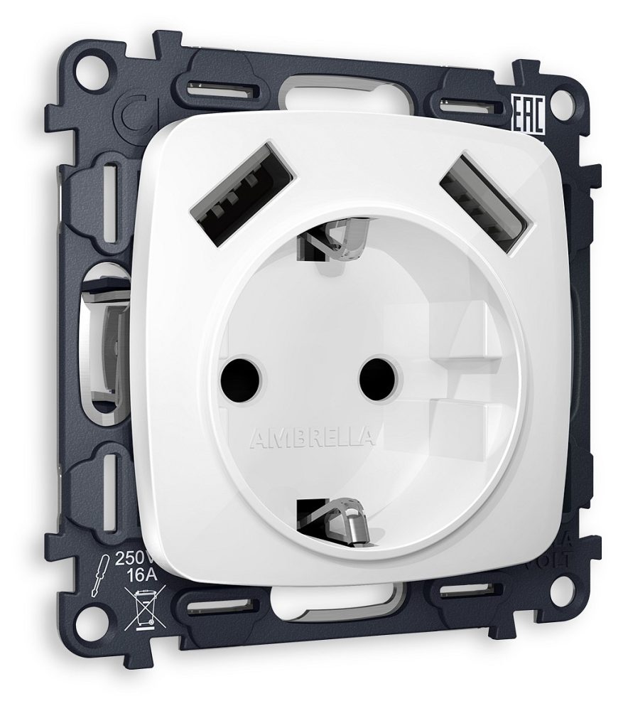 Розетка с заземлением и 2хUSB type A, без рамки Ambrella Volt OMEGA MO109010