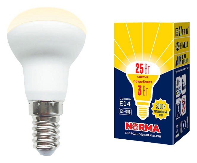 LED-R39-3W/3000K/E14/FR/NR Лампа светодиодная. Форма Рефлектор, матовая. Серия Norma. Теплый белый свет (3000K). Картон. ТМ Volpe