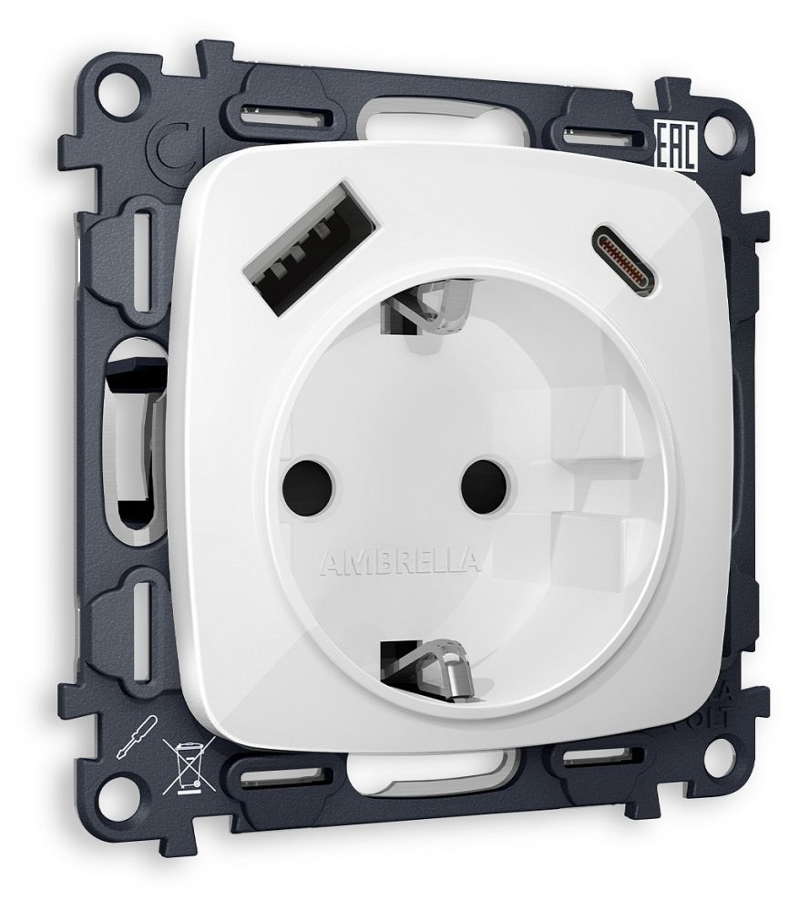 Розетка с заземлением и 2хUSB type A и C, без рамки Ambrella Volt OMEGA MO110010