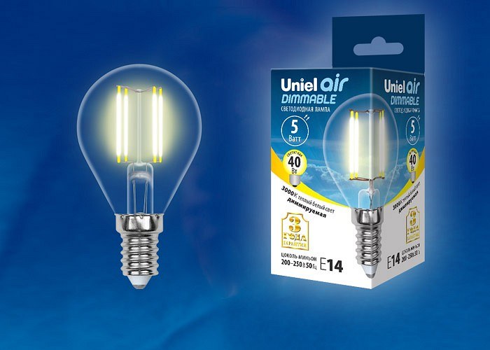 LED-G45-5W/WW/E14/CL/DIM GLA01TR Лампа светодиодная диммируемая. Форма шар, прозрачная. Серия Air. Теплый белый свет (3000K). Картон. Т