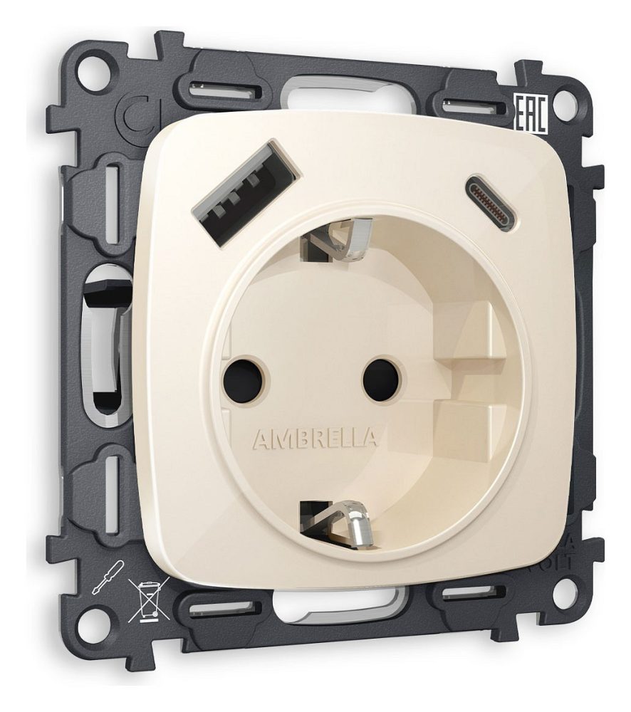 Розетка с заземлением и 2хUSB type A и C, без рамки Ambrella Volt OMEGA MO310010