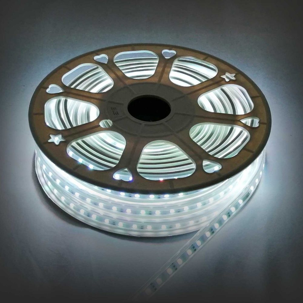 Светодиодная лента, 220В, 12Вт/м, smd5050, 60д/м, IP44, белый шнур ПВХ с прозрачным рассеивателем 16х7мм, 15м, с аксессуарами, RGB