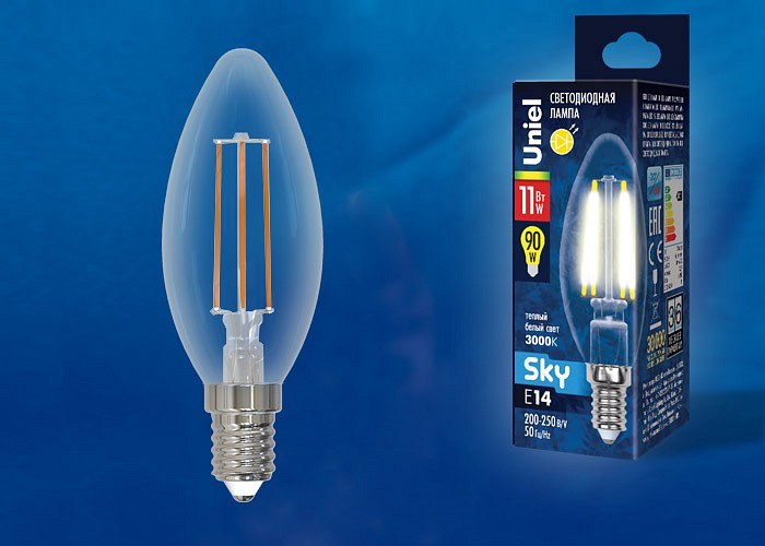 LED-C35-11W/3000K/E14/CL PLS02WH Лампа светодиодная. Форма свеча, прозрачная. Серия Sky. Теплый белый свет (3000К). Картон. ТМ Uniel.