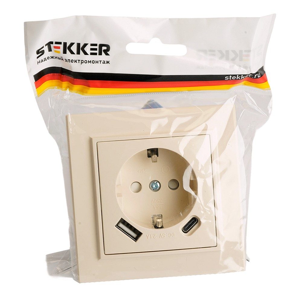 Розетка с заземлением и 2хUSB type A и C, без рамки Stekker Эрна 50077