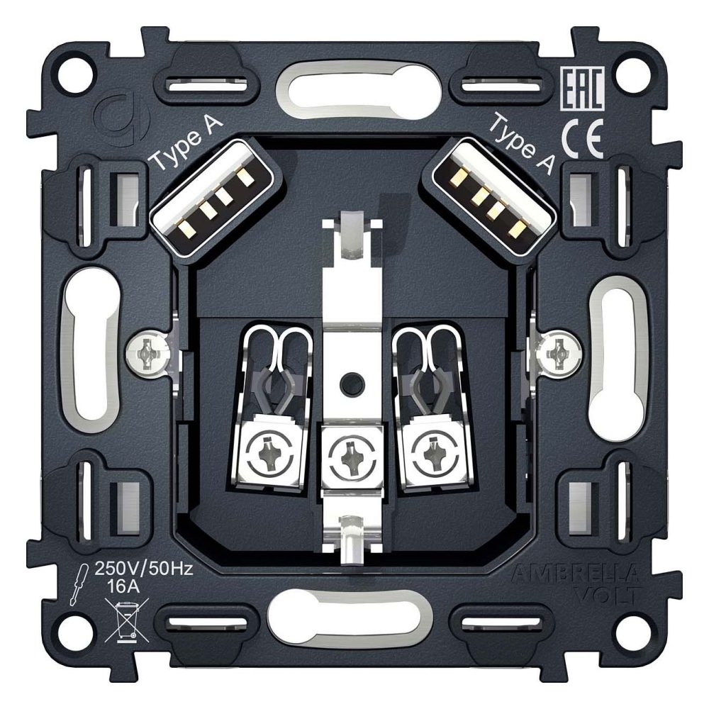 Механизм розетки с заземлением и 2хUSB type A Ambrella Volt QUANT VM155