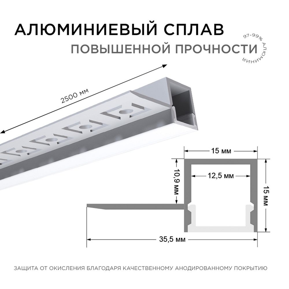 Профиль алюминиевый для светодиодной ленты, под штукатурку, серебро, 36х15мм, 2,5м, шир. ленты до 12мм, индивидуальная упаковка (рассеи