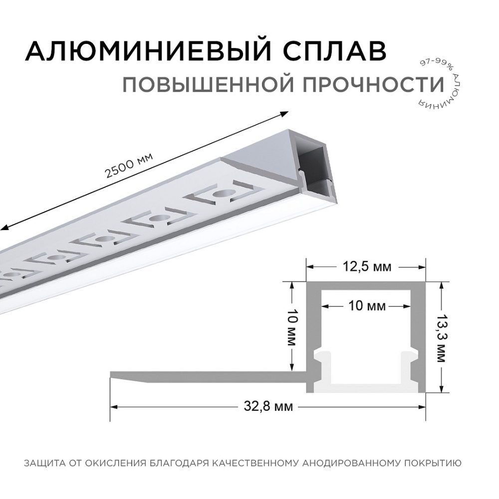 Профиль алюминиевый для светодиодной ленты, под штукатурку, серебро, 33х13мм, 2,5м, шир. ленты до 10мм, индивидуальная упаковка (рассеи