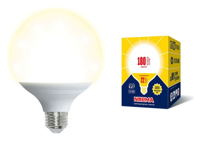 LED-G120-22W/3000K/E27/FR/NR Лампа светодиодная. Форма шар, матовая. Серия Norma. Теплый белый свет (3000K). Картон. ТМ Volpe.
