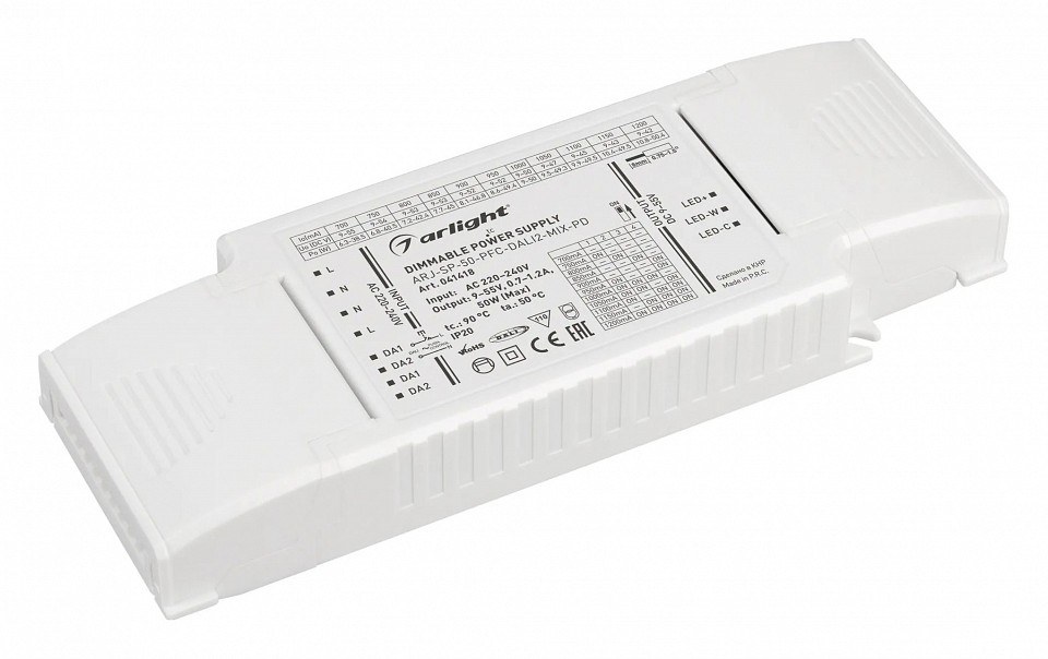 Блок питания ARJ-SP-50-PFC-DALI2-MIX-PD (50W, 9-55V, 0.7-1.2А) (Arlight, IP20 Пластик, 5 лет)