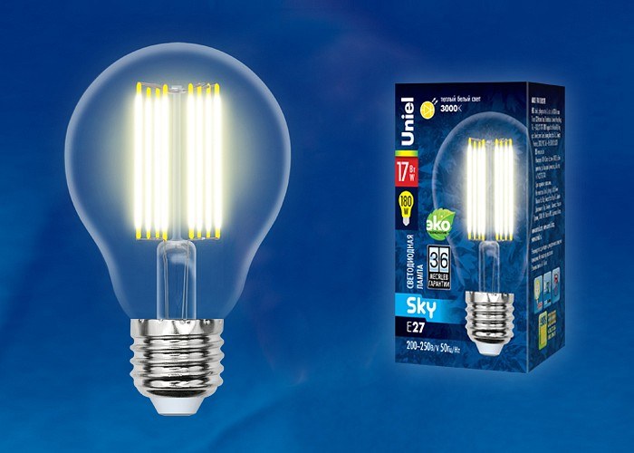 LED-A70-17W/3000K/E27/CL PLS02WH Лампа светодиодная. Форма A, прозрачная. Серия Sky. Теплый белый свет (3000K). Картон. ТМ Uniel.