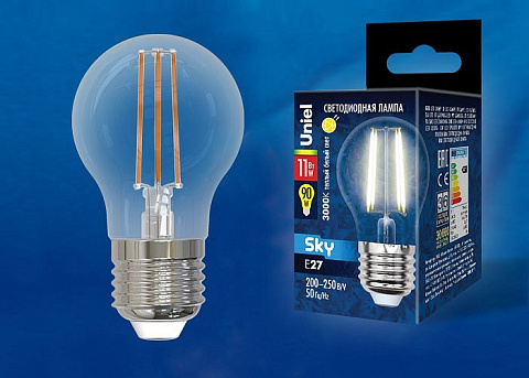 LED-G45-11W/3000K/E27/CL PLS02WH Лампа светодиодная. Форма шар, прозрачная. Серия Sky. Теплый белый свет (3000К). Картон. ТМ Uniel.