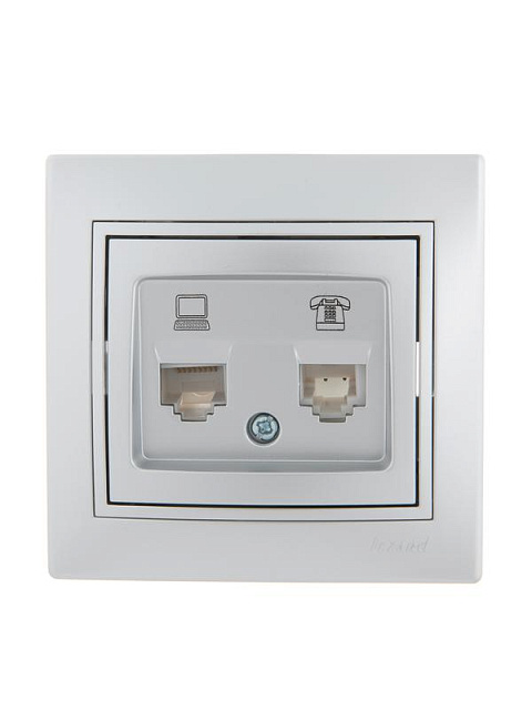 Розетка компьютерная + телефонная 2-м СП Mira RJ45 + RJ11 сер. метал. LEZARD 701-1010-143