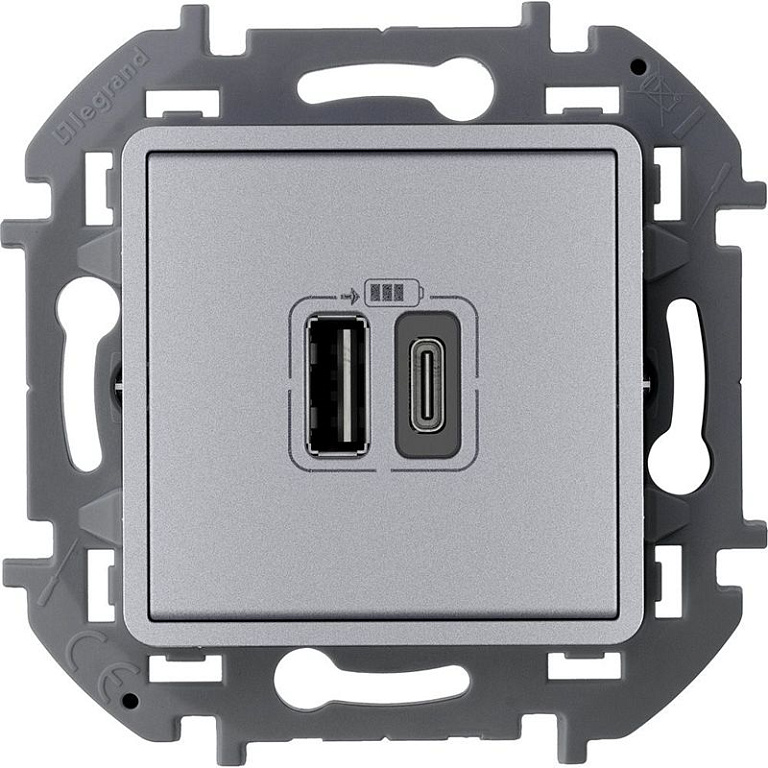 Устройство зарядное Inspiria с 2-мя USB разьемами A и C 240В/5В 3000мА алюм. IEK 673762