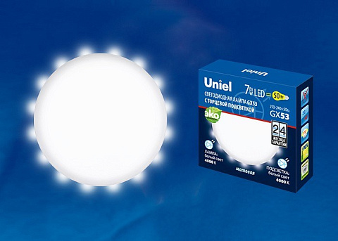 LED-GX53-7W/4000K+4000K/GX53/FR PLB02WH Лампа светодиодная, матовая. Белый свет (4000K). Торцевая подсветка, Белый свет (4000K). Картон