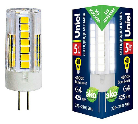 LED-JC-220/5W/4000K/G4/CL GLZ09TR Лампа светодиодная, прозрачная. Белый свет (4000К). Картон. ТМ Uniel.