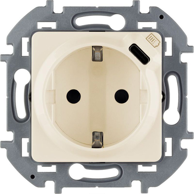 Розетка 1-м СП Inspiria 16А IP20 250В 2P+E немецк. стандарт с заряд. устройством USB тип C 1.5А 5В механизм сл. кость IEK 673771