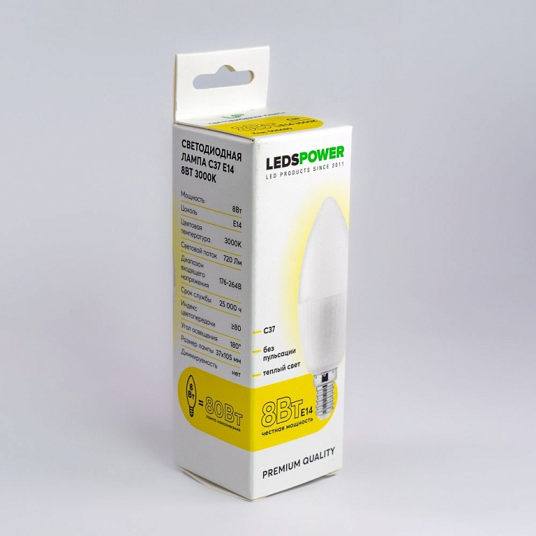 Светодиодная лампа LEDS POWER C37 E14 8Вт 3000К