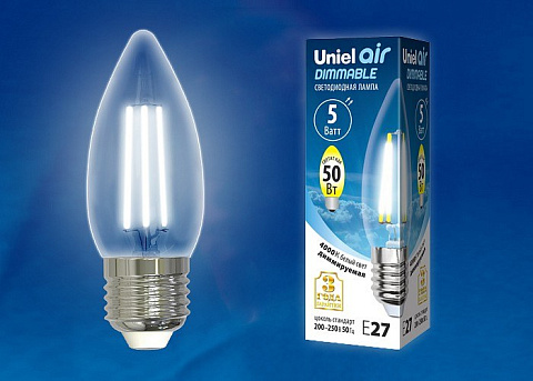 LED-C35-5W/NW/E27/CL/DIM GLA01TR Лампа светодиодная диммируемая. Форма свеча, прозрачная. Серия Air. Белый свет (4000K). Картон. ТМ Uni