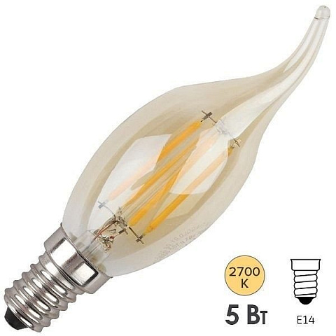 Модель F-LED BXS-5W-827-E14 gold Лампа светодиодная Эра F-LED BXS-5W-827-E14 gold (филамент, свеча на ветру золот., 5Вт, тепл, E1