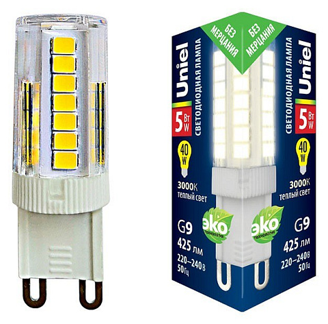 Лампа светодиодная (UL-00006748) Uniel G9 5W 3000K прозрачная LED-JCD-5W/3000K/G9/CL GLZ09TR