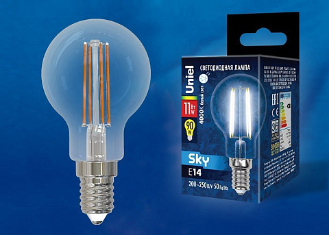 LED-G45-11W/4000K/E14/CL PLS02WH Лампа светодиодная. Форма шар, прозрачная. Серия Sky. Белый свет (4000К). Картон. ТМ Uniel.