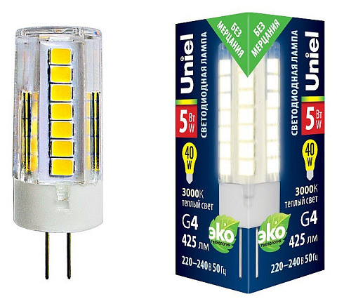 LED-JC-220/5W/3000K/G4/CL GLZ09TR Лампа светодиодная, прозрачная. Теплый белый свет (3000К). Картон. ТМ Uniel.