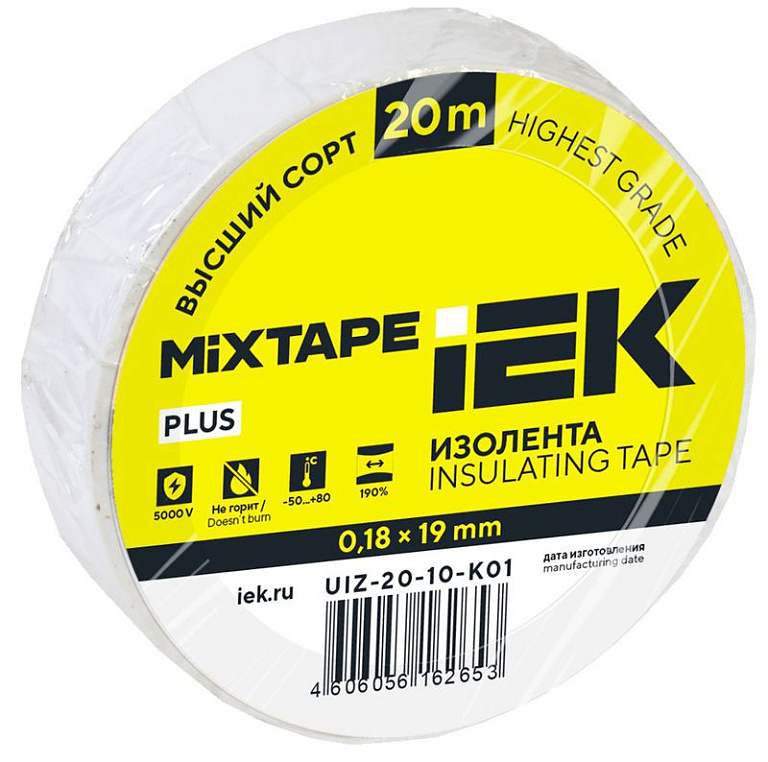 Изолента ПВХ 0.18х19мм бел. (рул.20м) IEK UIZ-20-10-K01