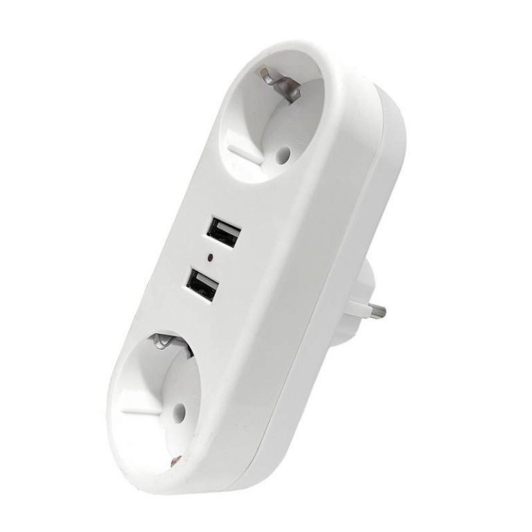 Разветвитель 2-м плоский с заземл.16А 2USB А+А 2.4А 3500Вт бел. DOMTOK 2732