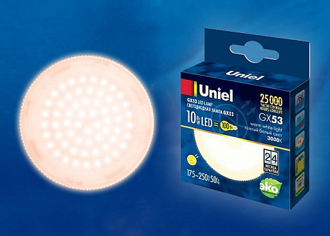 LED-GX53-10W/WW/GX53/FR PLZ01WH Лампа светодиодная, матовая. Теплый белый свет (3000K). Картон. ТМ Uniel