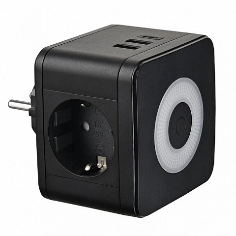 S-GES2-16SBUC BLACK Разветвитель сетевой с выключателем, с/з. 2 гнезда. 2USB+1TYPE C. 16А, 3500Вт. Черный. ТМ Uniel