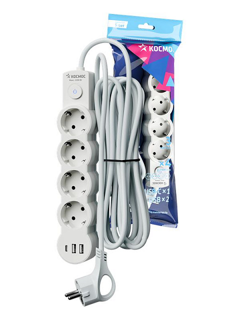 Удлинитель 4х3м с заземл. 10А IP20 USB type-Aх2 + type-C 2500Вт 220В ПВС 3х1 с выкл. бел. КОСМОС YKsm3m4g-Z-VU10А-W